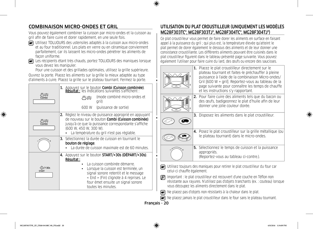 Samsung MG28F303TFK/EF manual Combinaison MICRO-ONDES ET Gril, Utilisation DU Plat Croustilleur Uniquement LES Modèles 