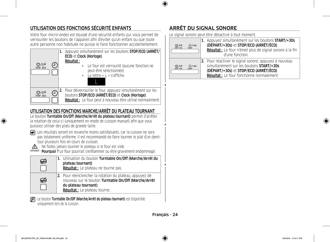 Samsung MG28F303TFK/EF manual Utilisation DES Fonctions Sécurité Enfants, Arrêt DU Signal Sonore 