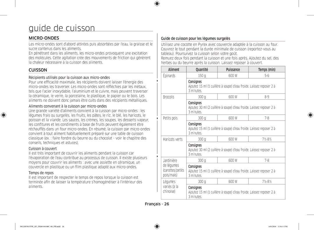 Samsung MG28F303TFK/EF manual Guide de cuisson, Micro-Ondes 