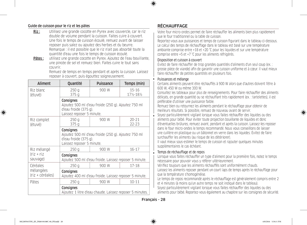 Samsung MG28F303TFK/EF manual Réchauffage 