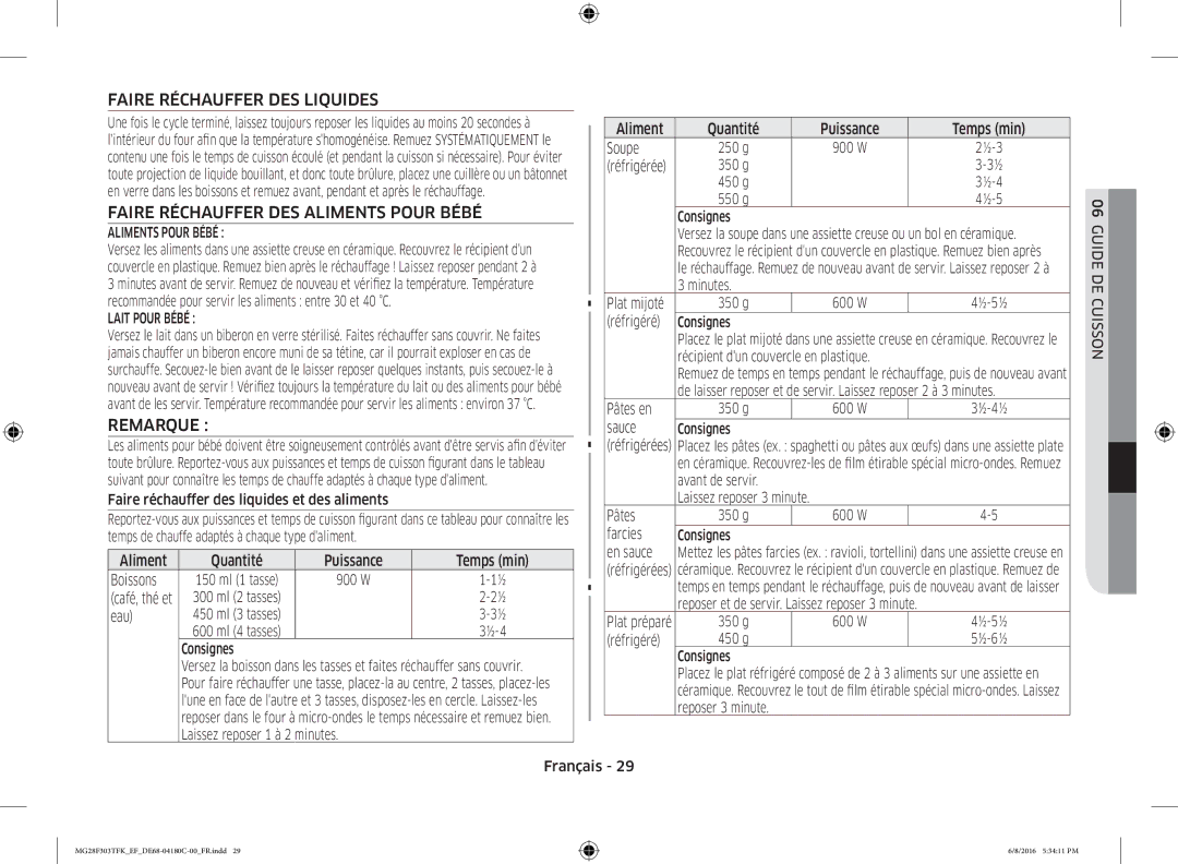 Samsung MG28F303TFK/EF Faire Réchauffer DES Liquides, Faire Réchauffer DES Aliments Pour Bébé, Remarque, Lait Pour Bébé 