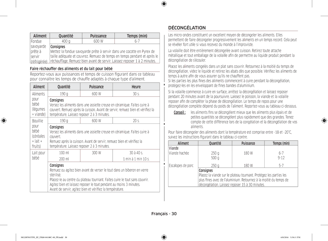 Samsung MG28F303TFK/EF Aliment Quantité Puissance Temps min Fondue 400 g, Consignes Prête à, Servir, Pour Consignes Bébé 