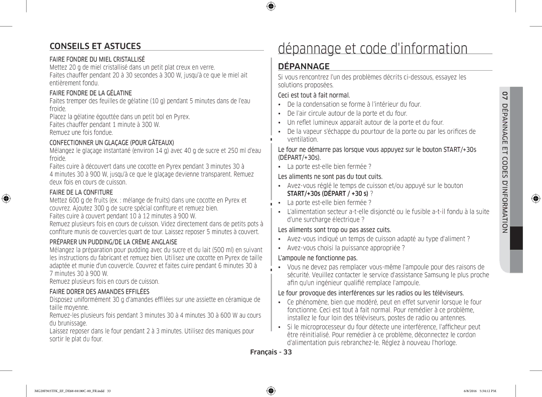 Samsung MG28F303TFK/EF manual Dépannage et code dinformation, Conseils ET Astuces 