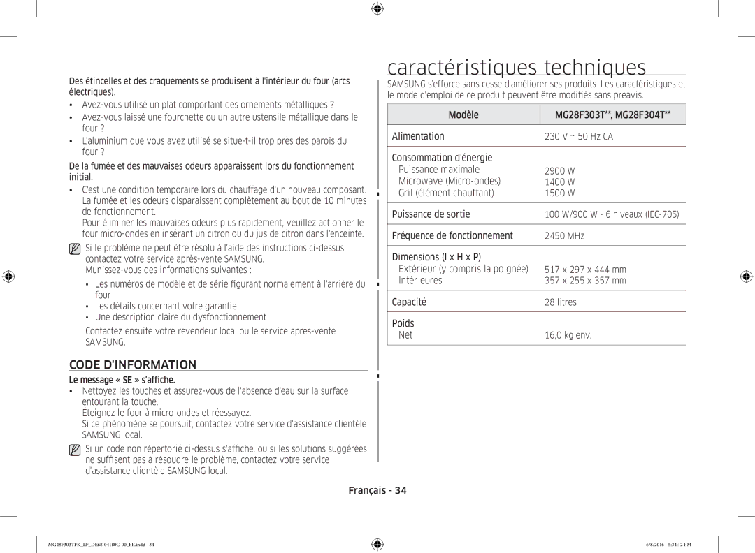 Samsung MG28F303TFK/EF manual Caractéristiques techniques, Code Dinformation, Samsung 