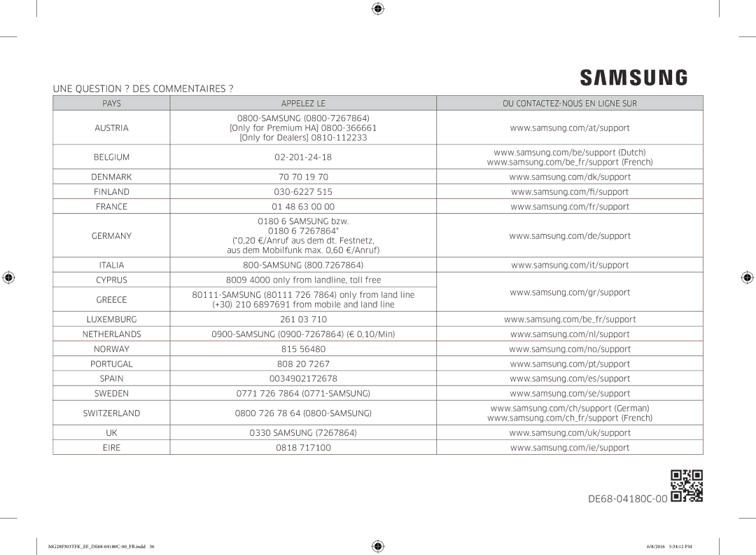 Samsung MG28F303TFK/EF manual UNE Question ? DES Commentaires ?, DE68-04180C-00 