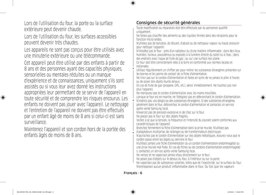 Samsung MG28F303TFK/EF manual Consignes de sécurité générales 