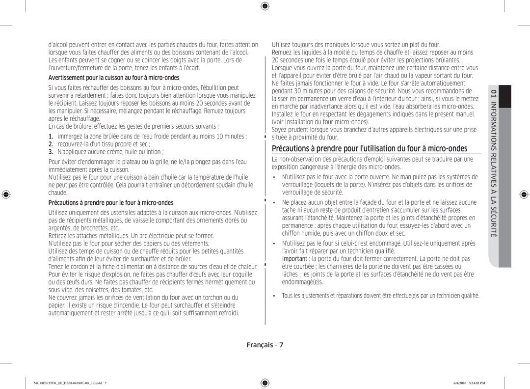 Samsung MG28F303TFK/EF manual Avertissement pour la cuisson au four à micro-ondes 