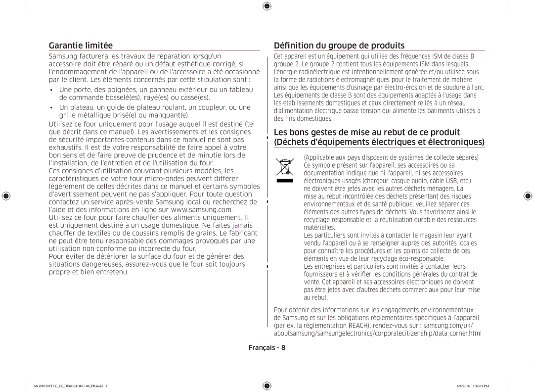 Samsung MG28F303TFK/EF manual Garantie limitée 