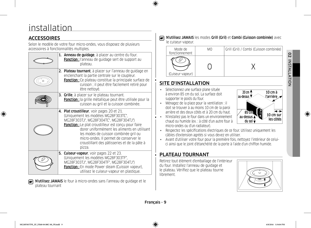 Samsung MG28F303TFK/EF manual Installation, Accessoires, Site Dinstallation, Plateau Tournant 