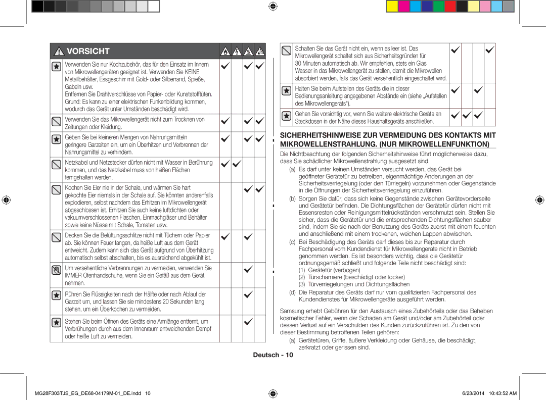 Samsung MG28F303TJS/EG manual Vorsicht 