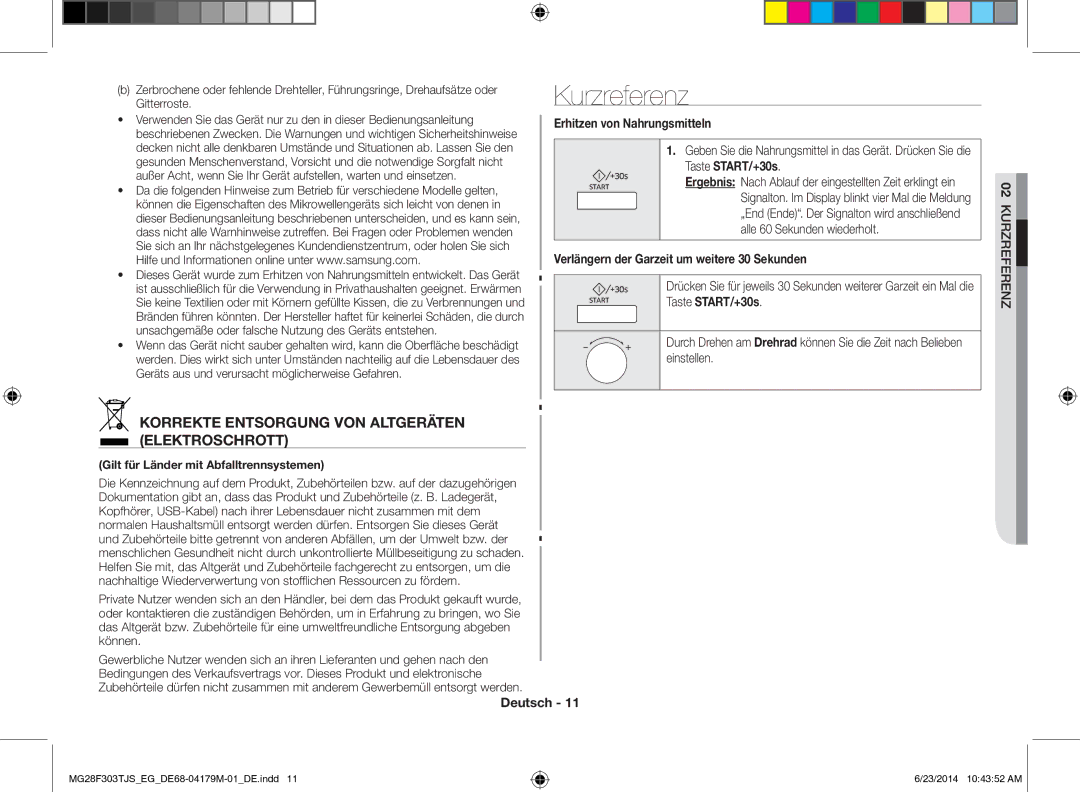 Samsung MG28F303TJS/EG manual Kurzreferenz, Korrekte Entsorgung VON Altgeräten Elektroschrott, Erhitzen von Nahrungsmitteln 