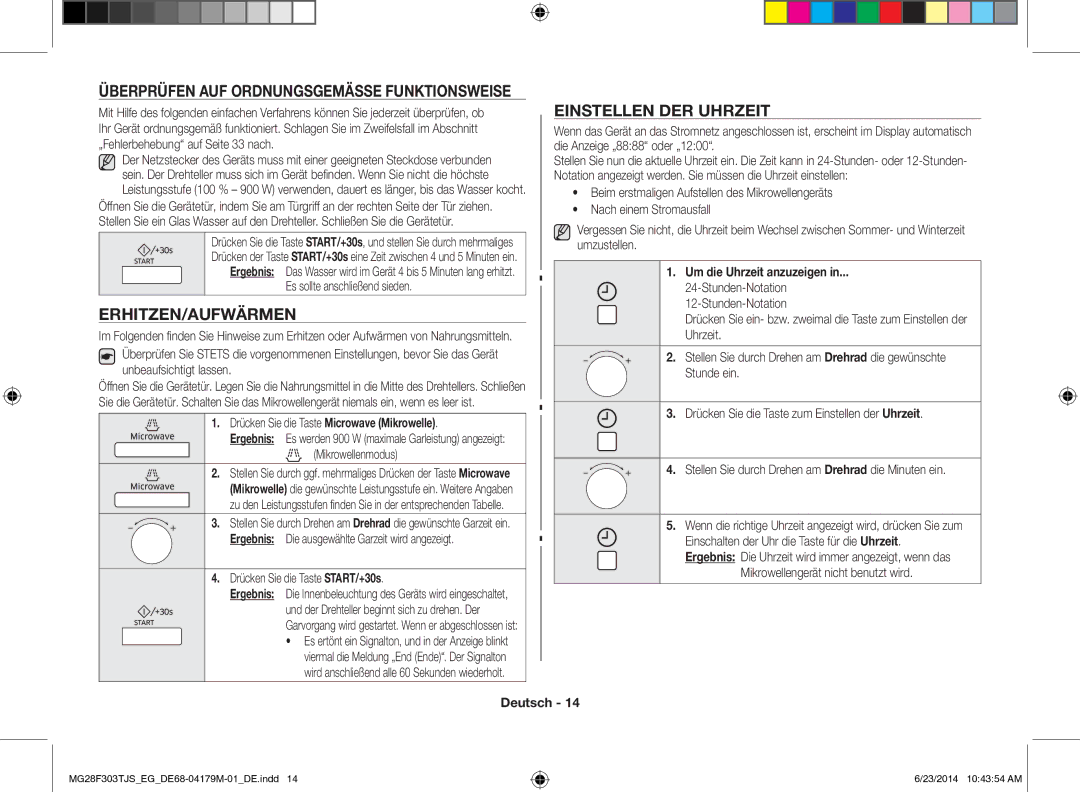 Samsung MG28F303TJS/EG manual Erhitzen/Aufwärmen, Einstellen DER Uhrzeit, Überprüfen AUF Ordnungsgemässe Funktionsweise 