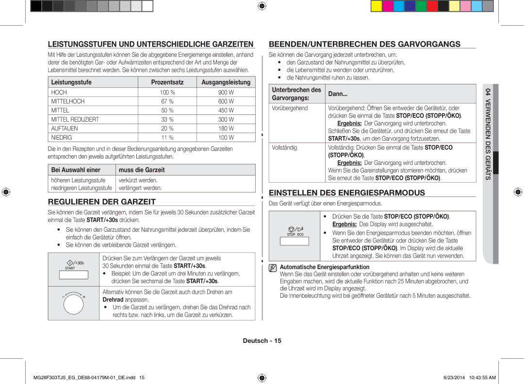 Samsung MG28F303TJS/EG manual Leistungsstufen UND Unterschiedliche Garzeiten, Regulieren DER Garzeit 