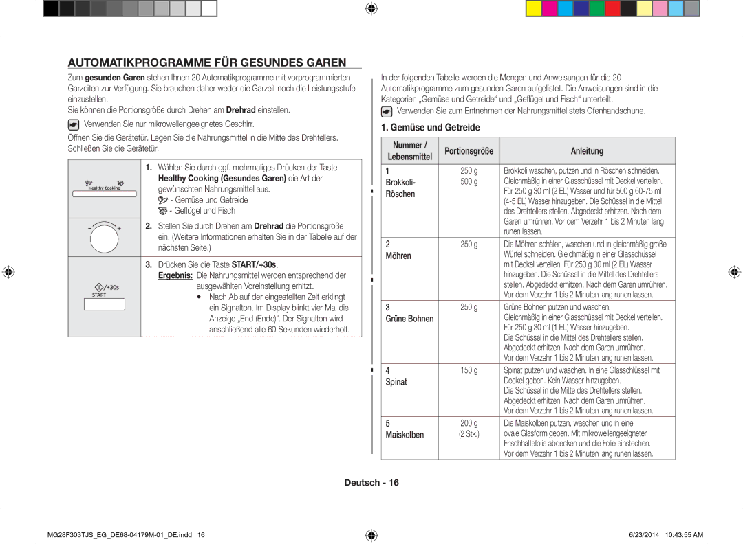 Samsung MG28F303TJS/EG manual Automatikprogramme FÜR Gesundes Garen, Anleitung 