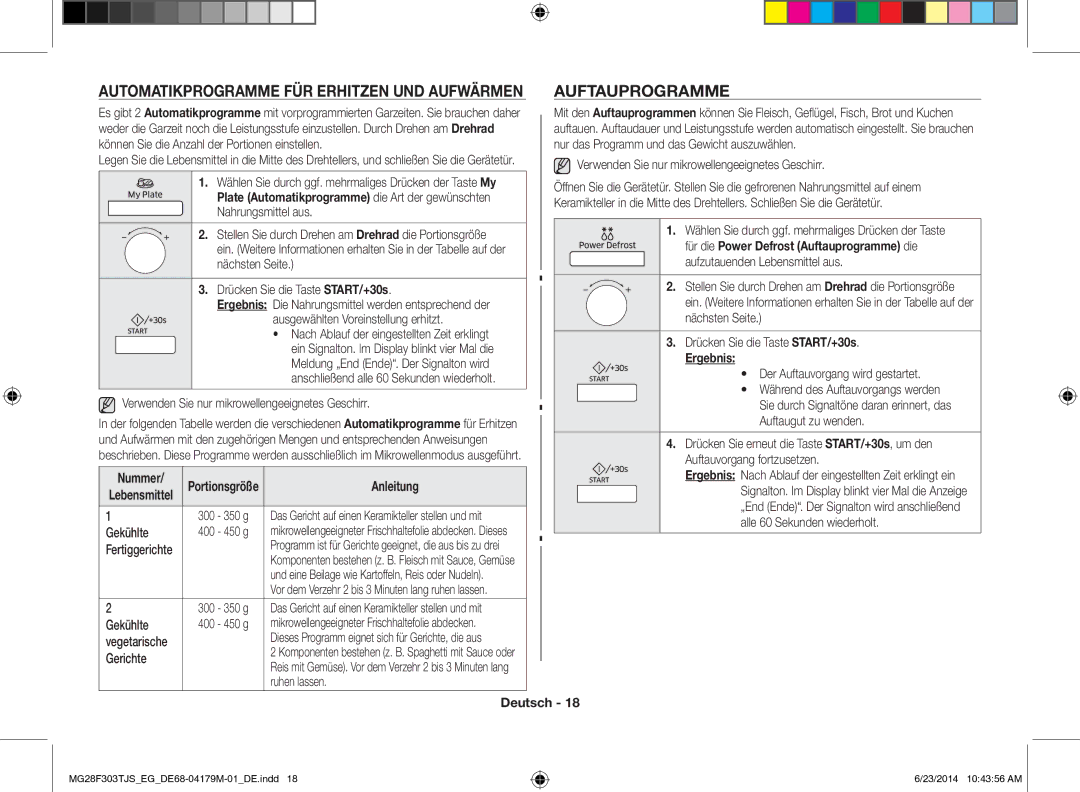 Samsung MG28F303TJS/EG manual Auftauprogramme, Automatikprogramme FÜR Erhitzen UND Aufwärmen, Portionsgröße, Ergebnis 