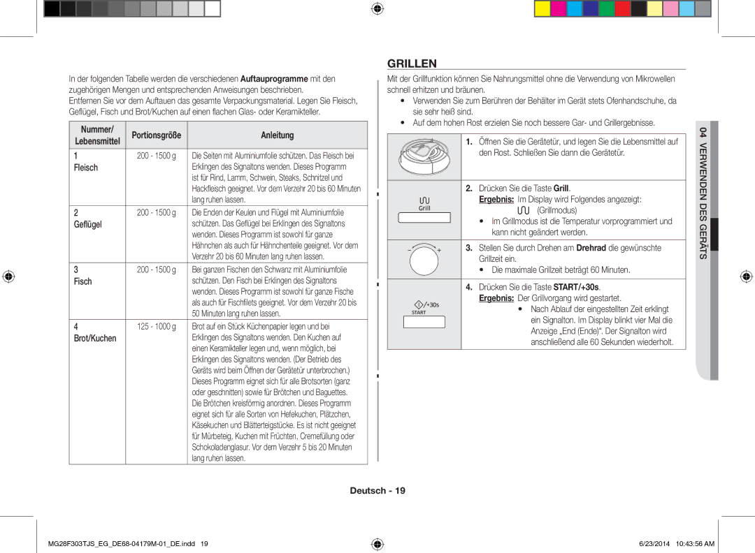 Samsung MG28F303TJS/EG manual Grillen, Fleisch, Geflügel, Fisch, Minuten lang ruhen lassen 