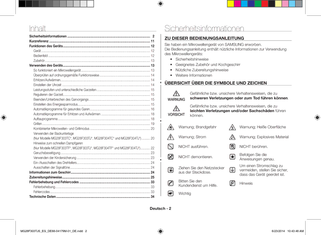 Samsung MG28F303TJS/EG Sicherheitsinformationen, ZU Dieser Bedienungsanleitung, Übersicht Über DIE Symbole UND Zeichen 