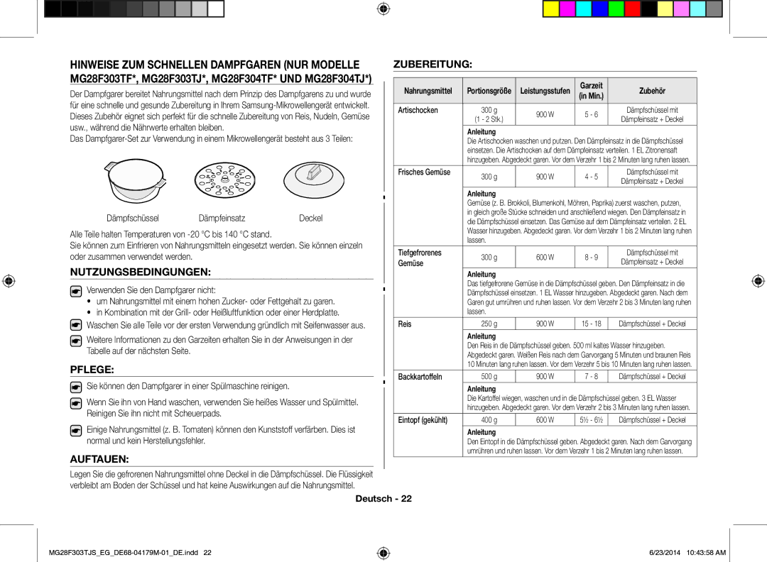 Samsung MG28F303TJS/EG manual Nutzungsbedingungen, Pflege, Auftauen, Zubereitung, Dämpfschüssel Dämpfeinsatz 