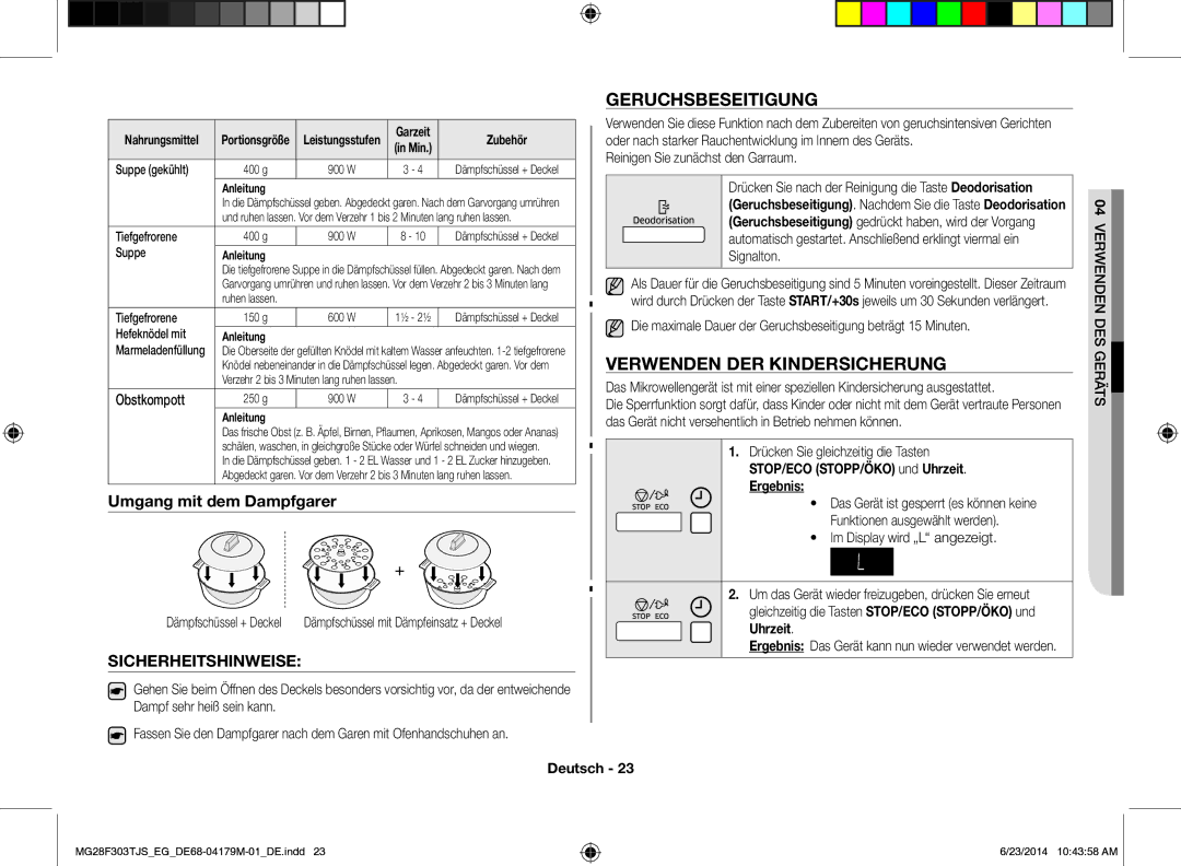 Samsung MG28F303TJS/EG manual Geruchsbeseitigung, Verwenden DER Kindersicherung, Sicherheitshinweise 