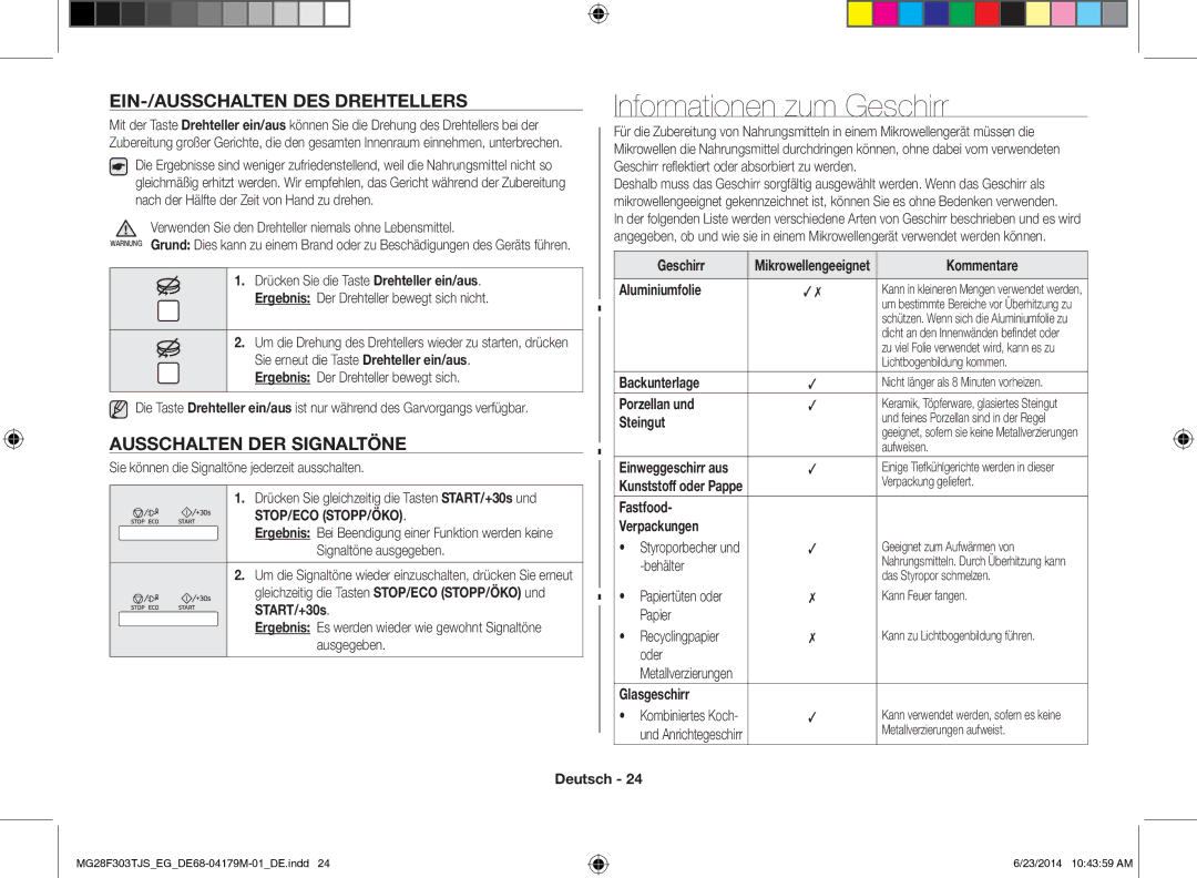 Samsung MG28F303TJS/EG manual Informationen zum Geschirr, EIN-/AUSSCHALTEN DES Drehtellers, Ausschalten DER Signaltöne 