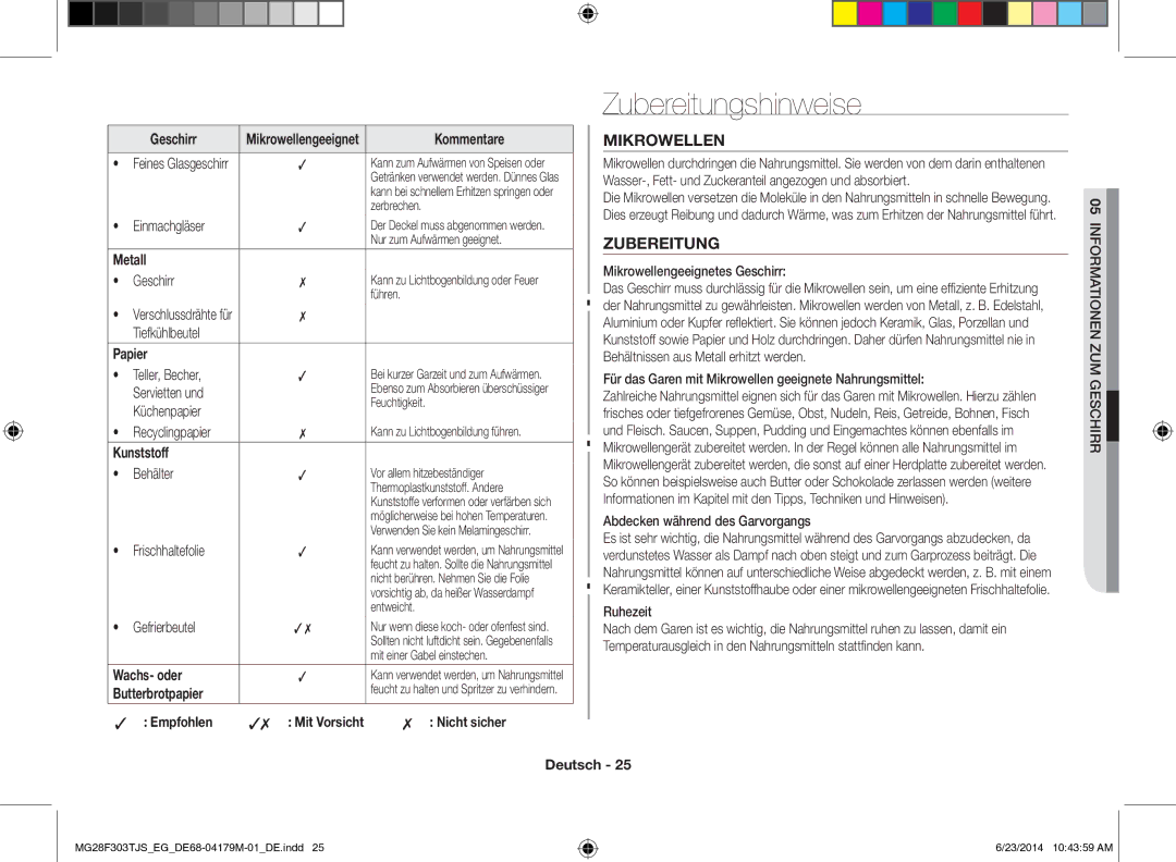 Samsung MG28F303TJS/EG manual Zubereitungshinweise, Mikrowellen 