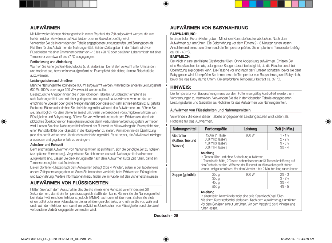 Samsung MG28F303TJS/EG manual Aufwärmen VON Flüssigkeiten, Aufwärmen VON Babynahrung, Hinweis 