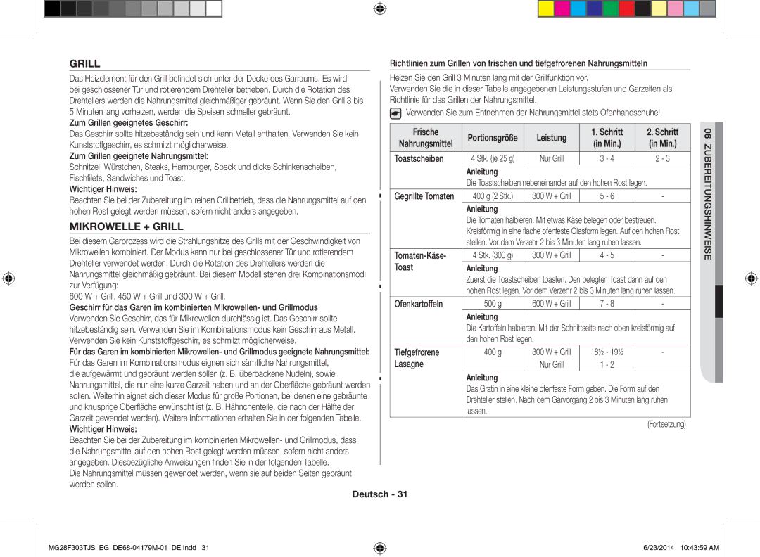 Samsung MG28F303TJS/EG manual Mikrowelle + Grill, Frische, Schritt, Min 