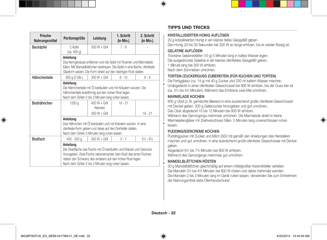 Samsung MG28F303TJS/EG manual Tipps UND Tricks, Leistung Schritt, Backäpfel, Brathähnchen 