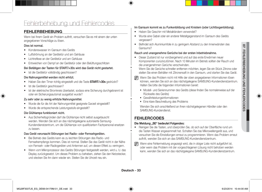 Samsung MG28F303TJS/EG manual Fehlerbehebung und Fehlercodes, Die Meldung „SE bedeutet Folgendes 