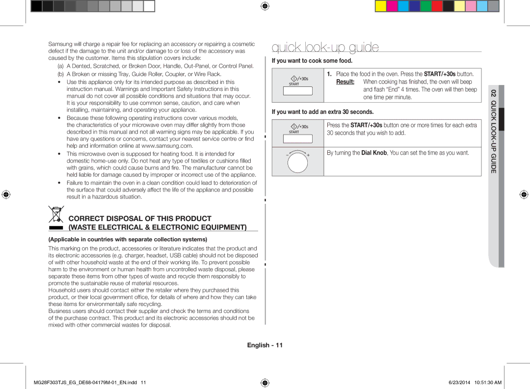 Samsung MG28F303TJS/EG manual Quick look-up guide, If you want to cook some food, If you want to add an extra 30 seconds 