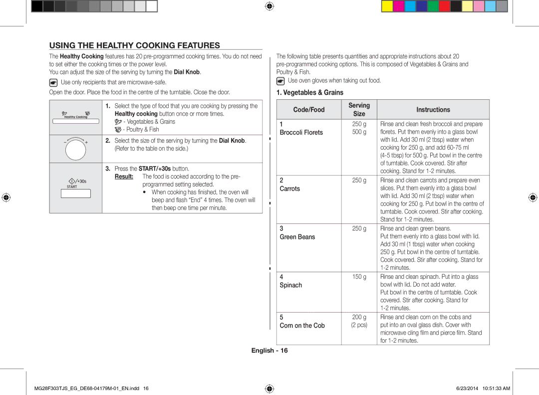 Samsung MG28F303TJS/EG manual Using the Healthy Cooking Features, Code/Food Serving Instructions 