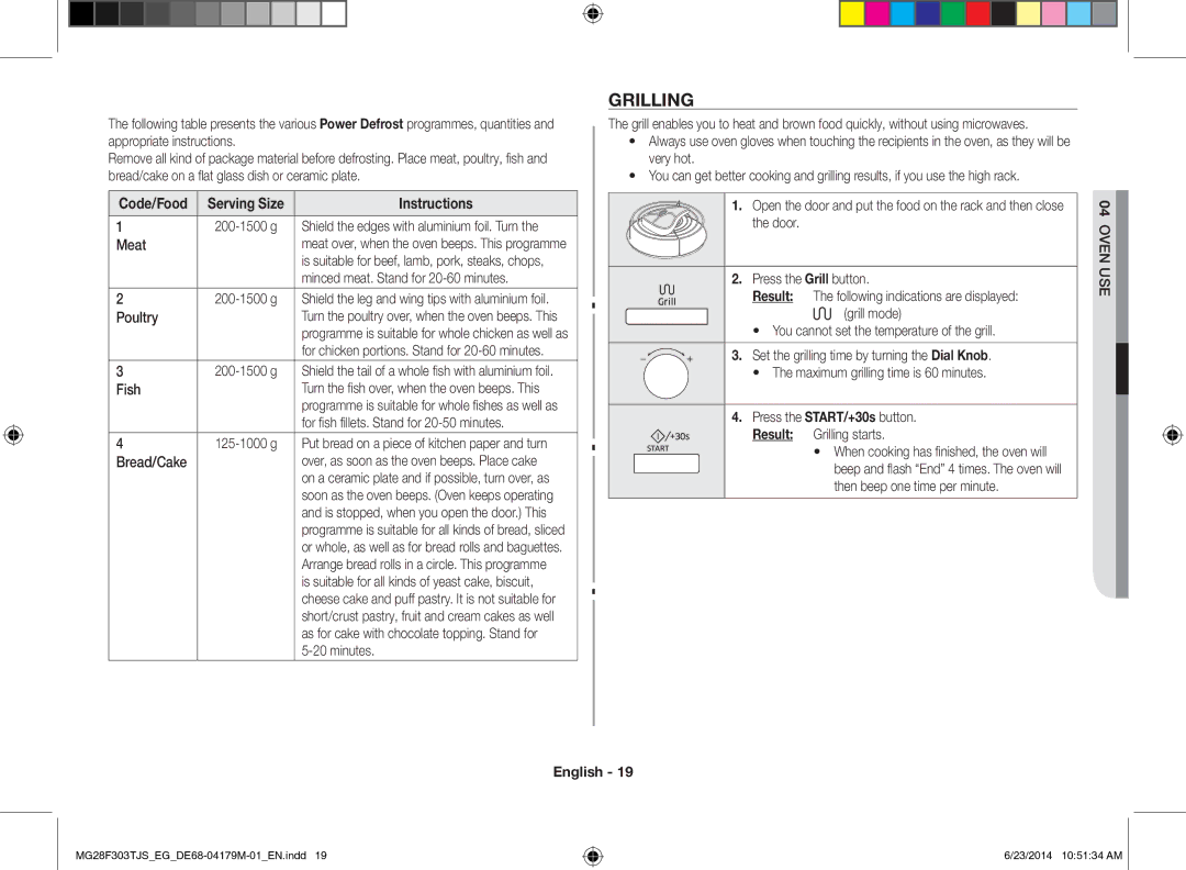 Samsung MG28F303TJS/EG manual Grilling, Code/Food Serving Size 