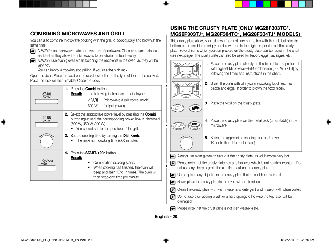 Samsung MG28F303TJS/EG manual Combining Microwaves and Grill, Combination cooking starts 