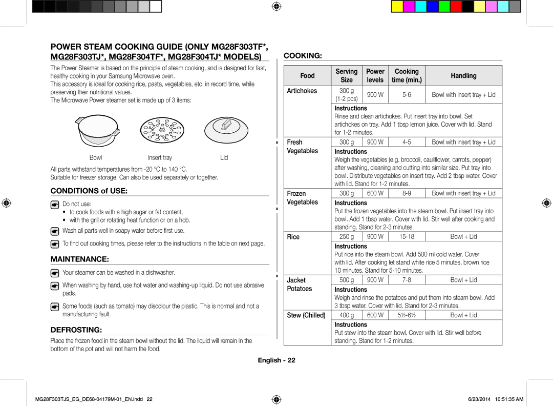 Samsung MG28F303TJS/EG manual Maintenance, Defrosting, Food Serving, Cooking Handling 