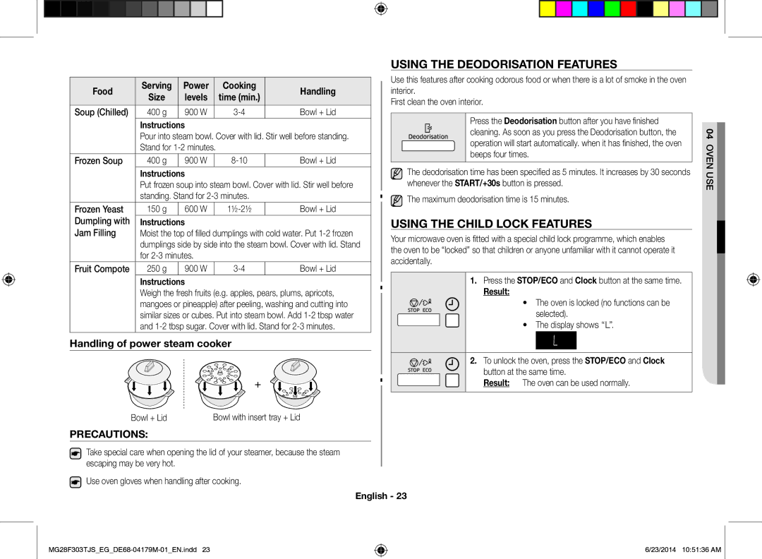 Samsung MG28F303TJS/EG manual Using the Deodorisation Features, Using the Child Lock Features, Precautions, Food Handling 