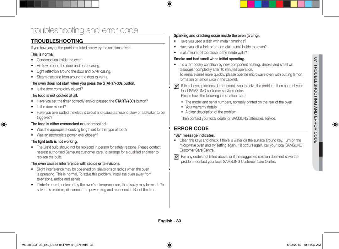 Samsung MG28F303TJS/EG manual Troubleshooting and error code, Error Code, SE message indicates, Customer Care Centre 