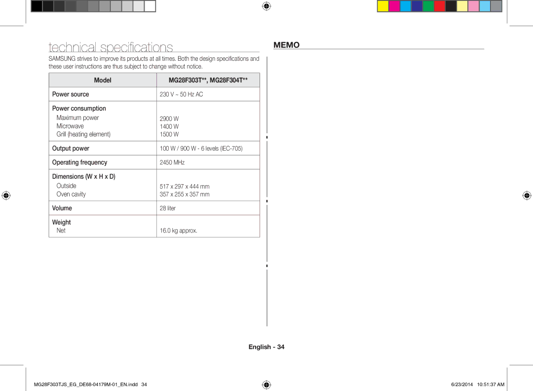 Samsung MG28F303TJS/EG manual Technical specifications, Memo, Model MG28F303T**, MG28F304T 