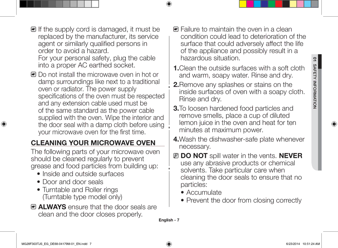 Samsung MG28F303TJS/EG manual Cleaning Your Microwave Oven 