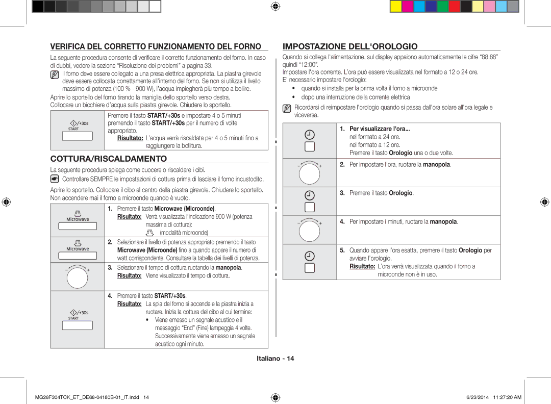 Samsung MG28F304TJS/ET Verifica DEL Corretto Funzionamento DEL Forno, Cottura/Riscaldamento, Impostazione Dellorologio 