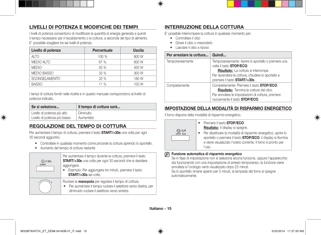 Samsung MG28F304TCK/ET, MG28F304TJS/ET manual Livelli DI Potenza E Modifiche DEI Tempi, Regolazione DEL Tempo DI Cottura 