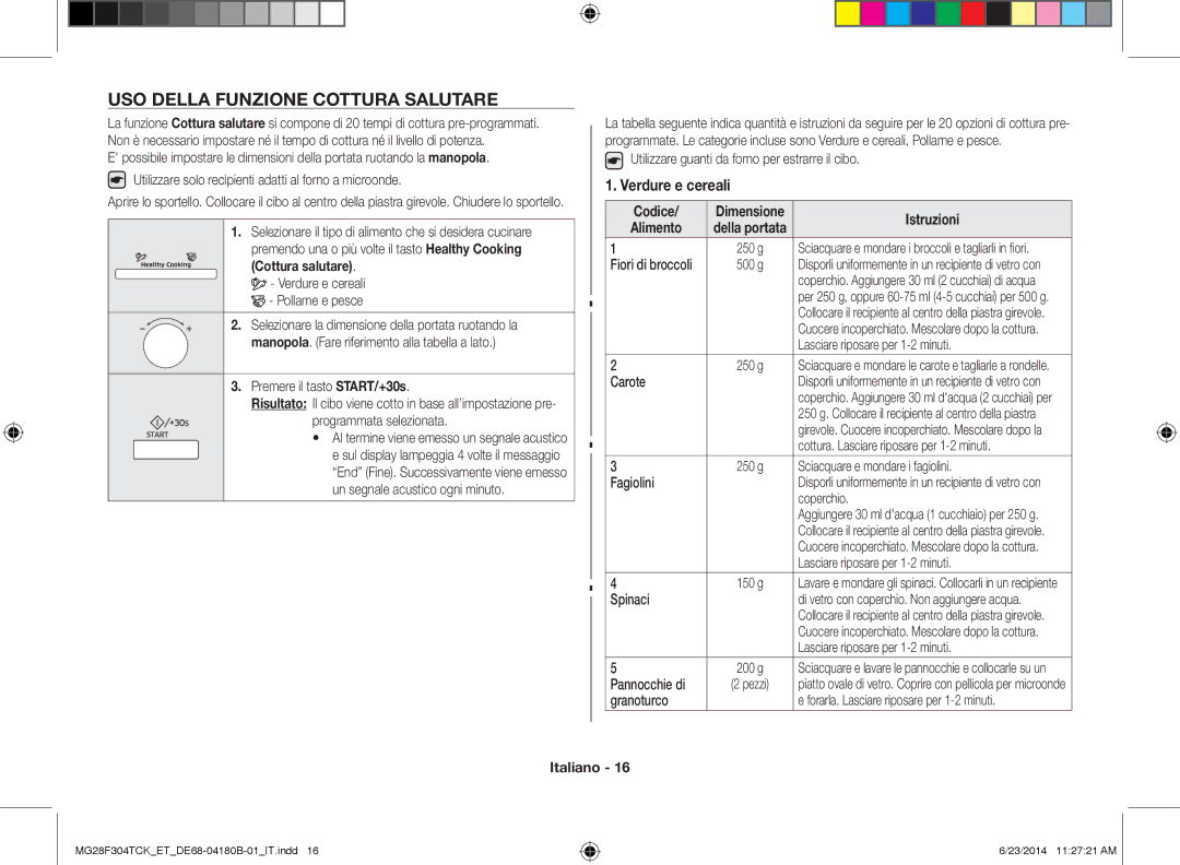 Samsung MG28F304TJS/ET, MG28F304TCK/ET manual USO Della Funzione Cottura Salutare, Codice, Istruzioni, Alimento 