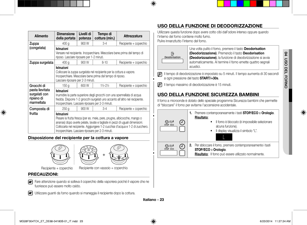 Samsung MG28F304TCK/ET manual USO Della Funzione DI Deodorizzazione, USO Della Funzione Sicurezza Bambini, Precauzioni 