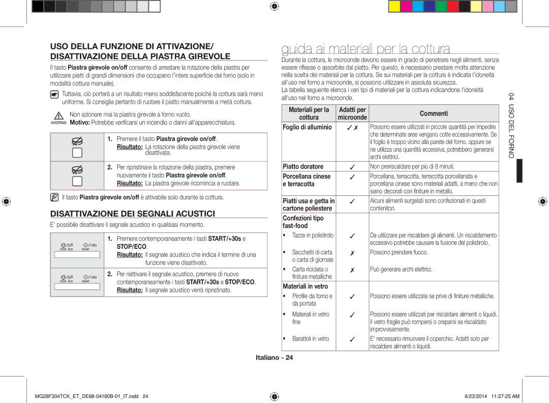 Samsung MG28F304TJS/ET, MG28F304TCK/ET manual Guida ai materiali per la cottura, Disattivazione DEI Segnali Acustici 