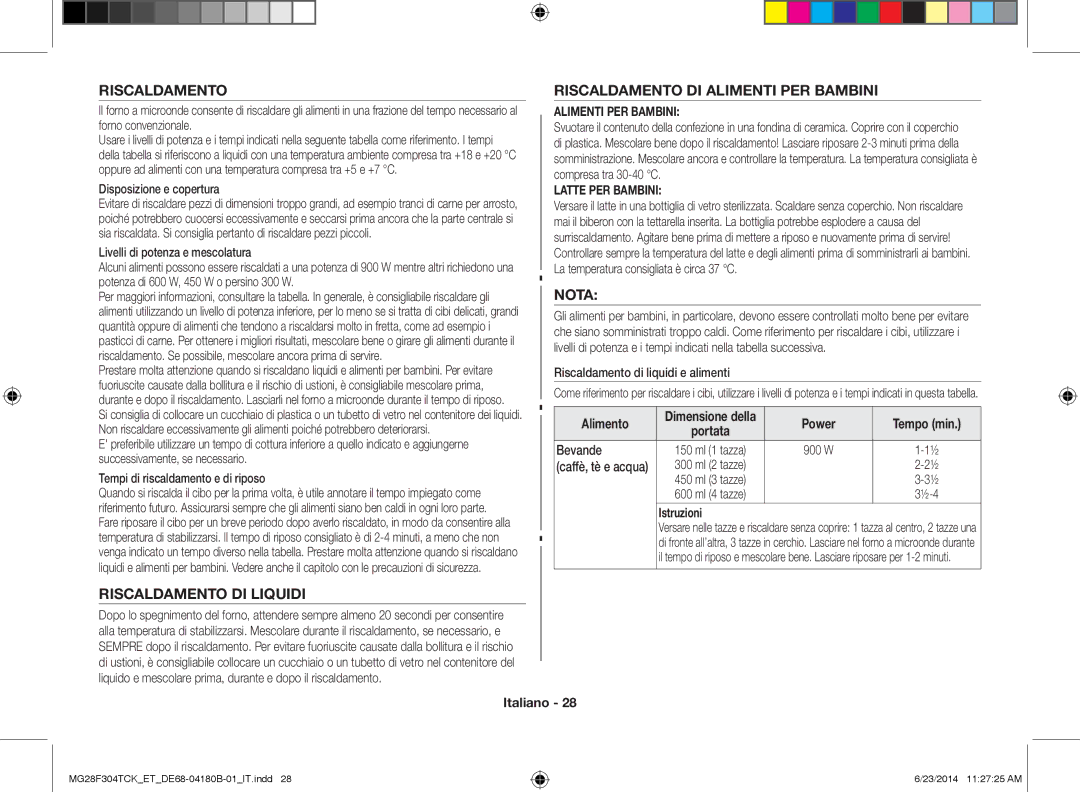 Samsung MG28F304TJS/ET, MG28F304TCK/ET manual Riscaldamento DI Liquidi, Riscaldamento DI Alimenti PER Bambini, Nota 