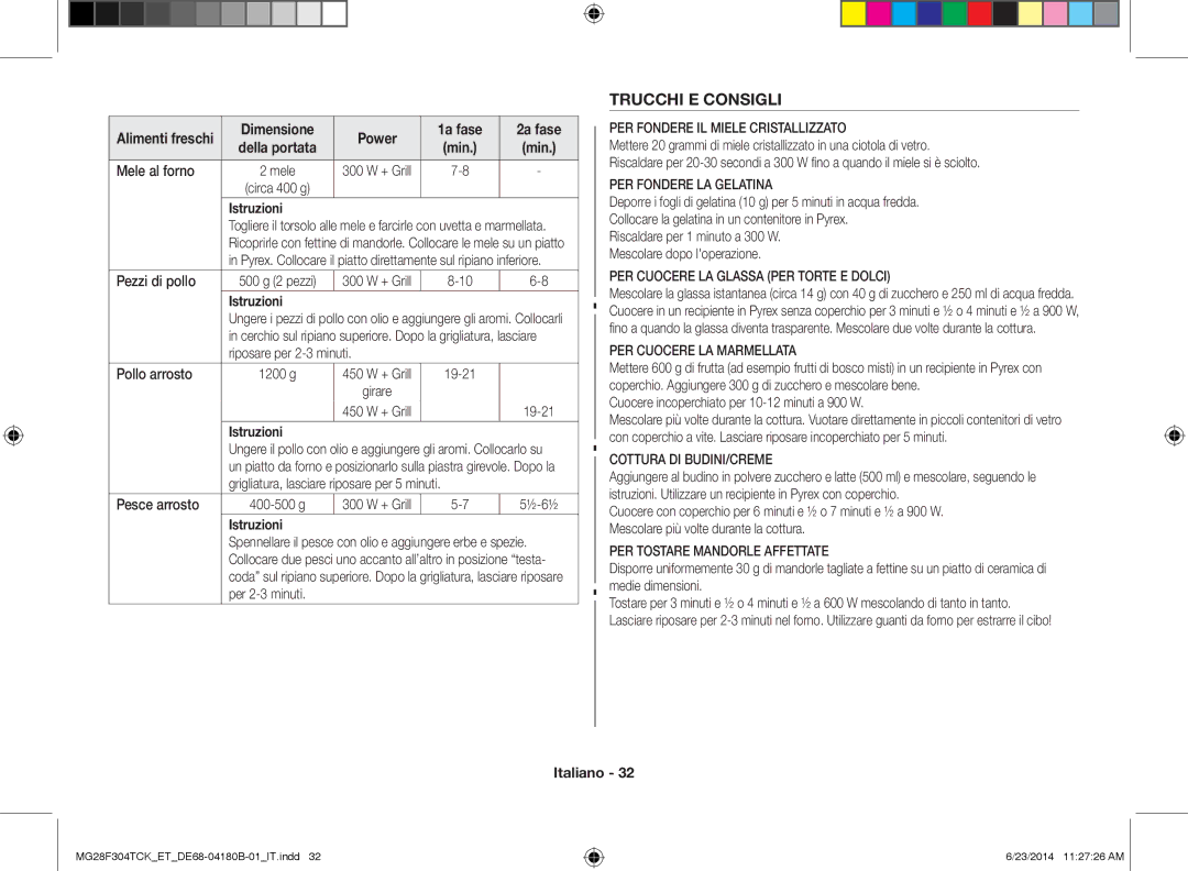 Samsung MG28F304TJS/ET, MG28F304TCK/ET manual Trucchi E Consigli, Mele al forno, Riposare per 2-3 minuti Pollo arrosto 