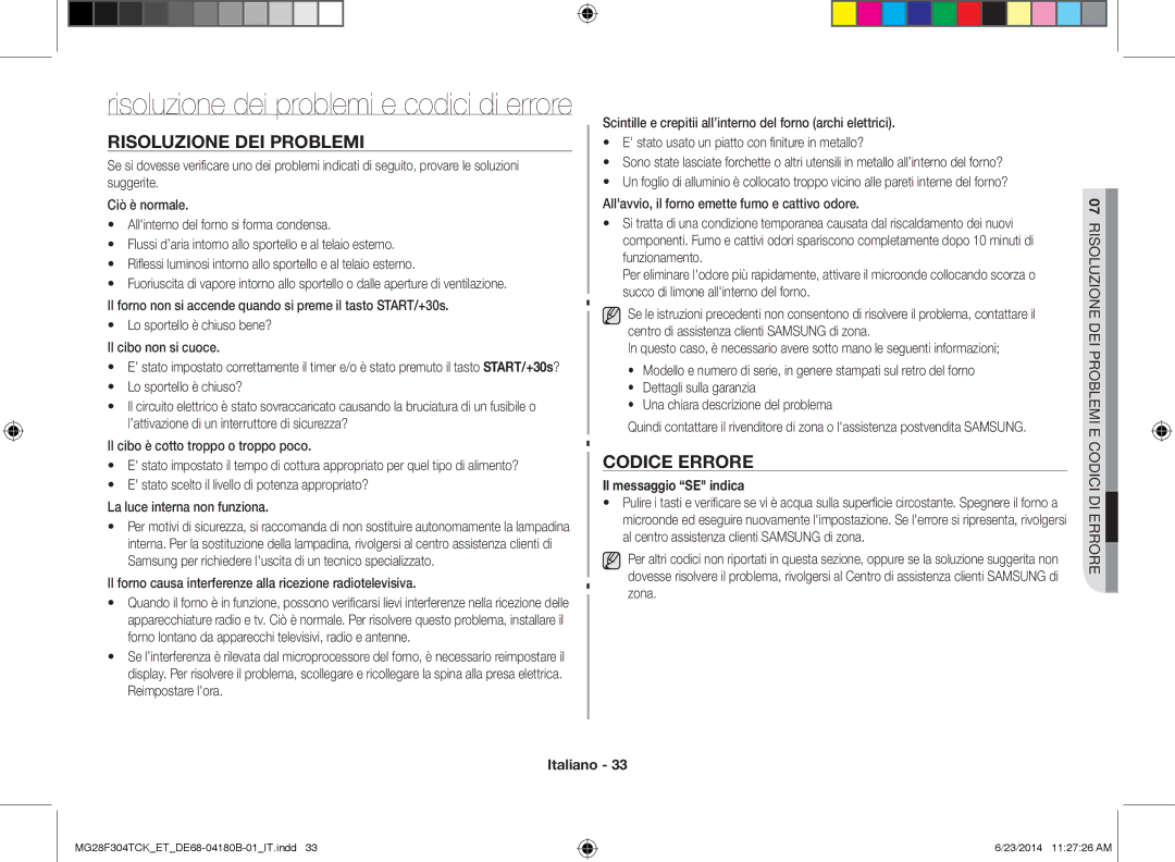 Samsung MG28F304TCK/ET, MG28F304TJS/ET manual Risoluzione DEI Problemi, Codice Errore, Il messaggio SE indica 