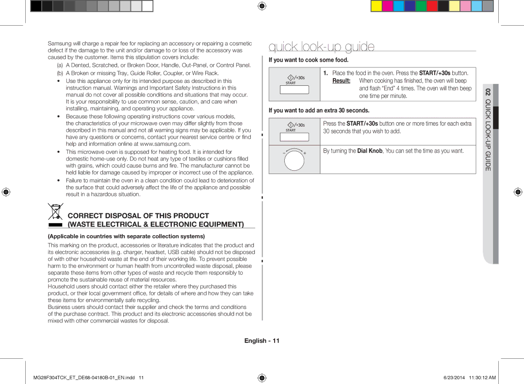 Samsung MG28F304TCK/ET manual Quick look-up guide, If you want to cook some food, If you want to add an extra 30 seconds 