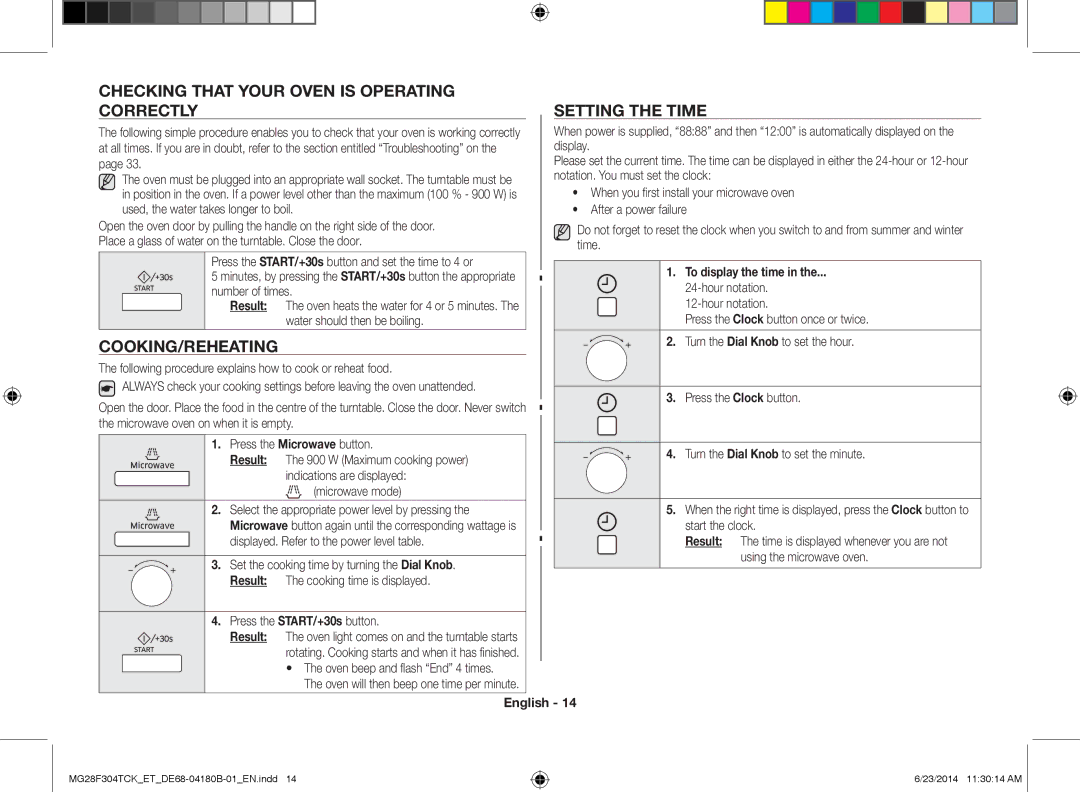 Samsung MG28F304TJS/ET, MG28F304TCK/ET Checking That Your Oven is Operating Correctly, Cooking/Reheating, Setting the Time 