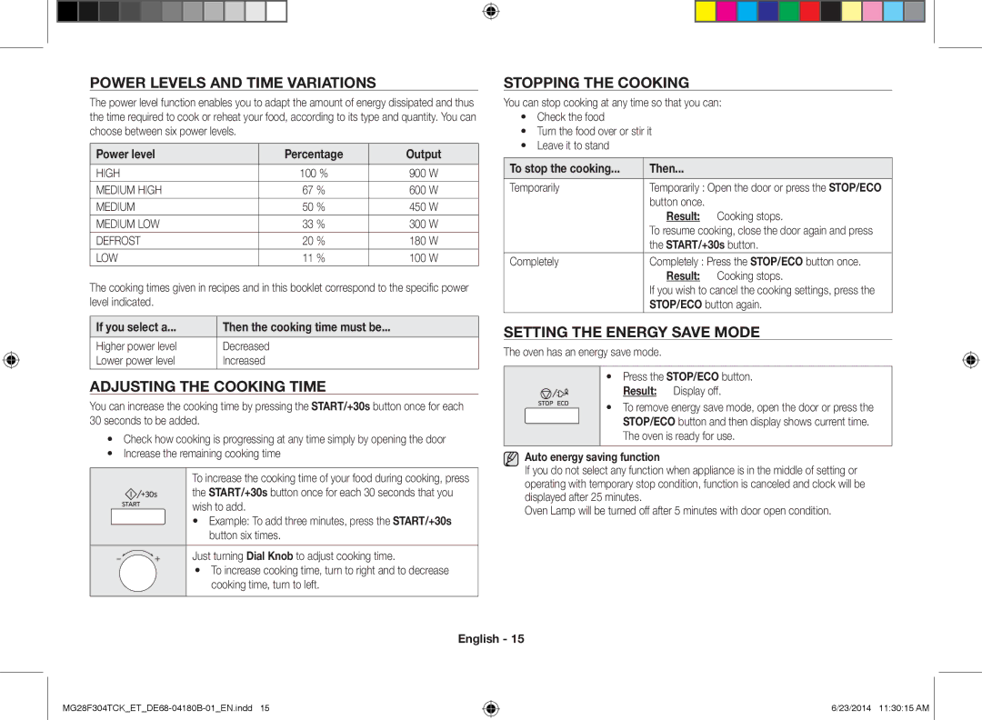 Samsung MG28F304TCK/ET, MG28F304TJS/ET Power Levels and Time Variations, Adjusting the Cooking Time, Stopping the Cooking 