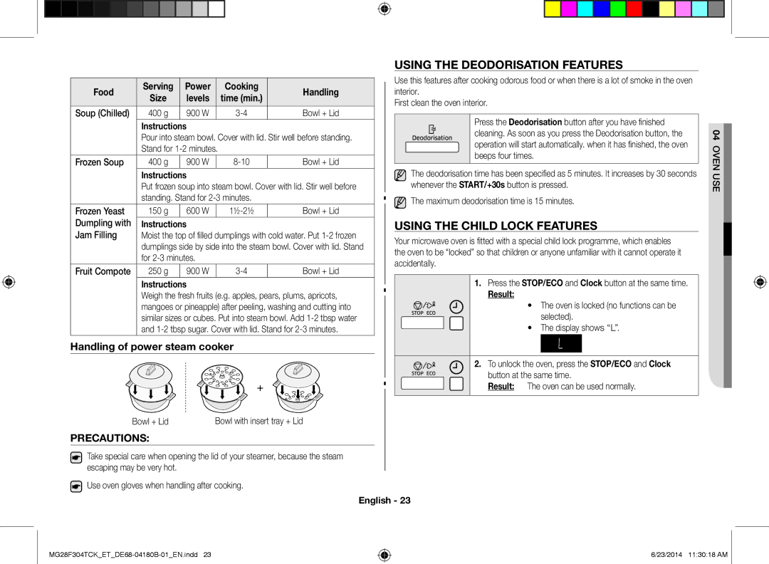 Samsung MG28F304TCK/ET manual Using the Deodorisation Features, Using the Child Lock Features, Precautions, Food Handling 